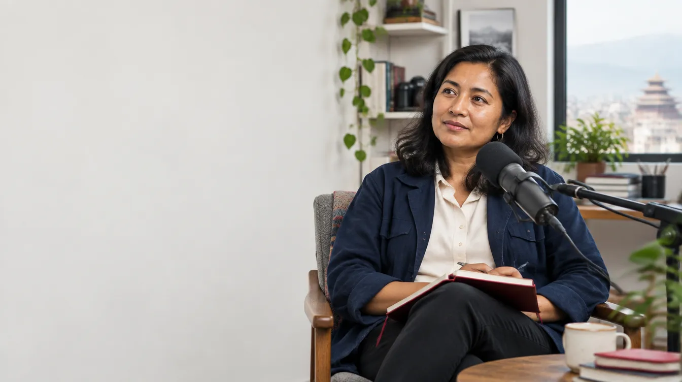 A guest talking into a microphone during a podcast recording