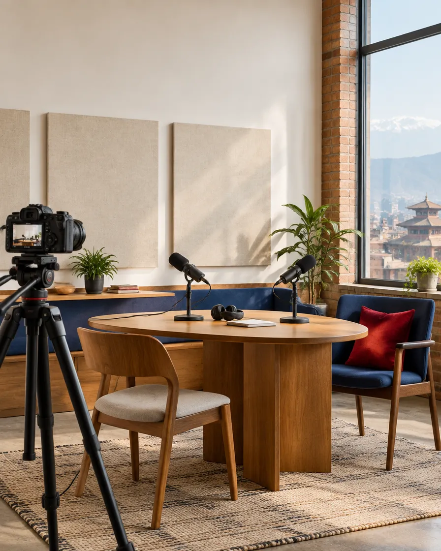 Podcast room with round table and microphones