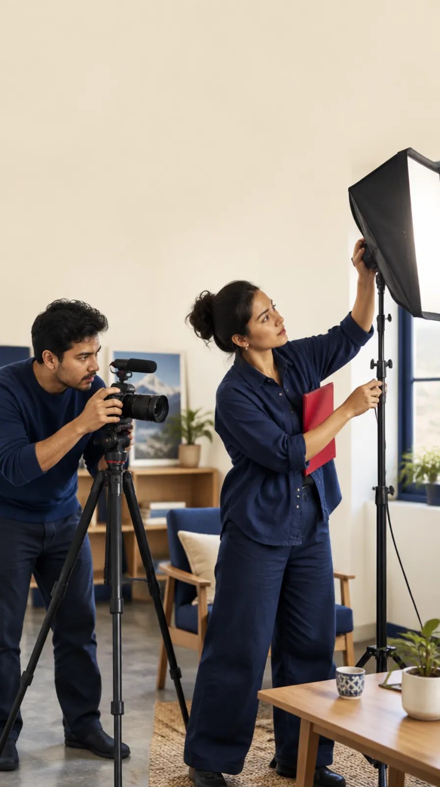 Creators adjusting a softbox in the studio